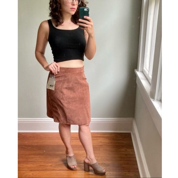 Vintage NWT G III 80s Suede Leather Cognac Pencil Career Western Grunge Skirt - Picture 1 of 9